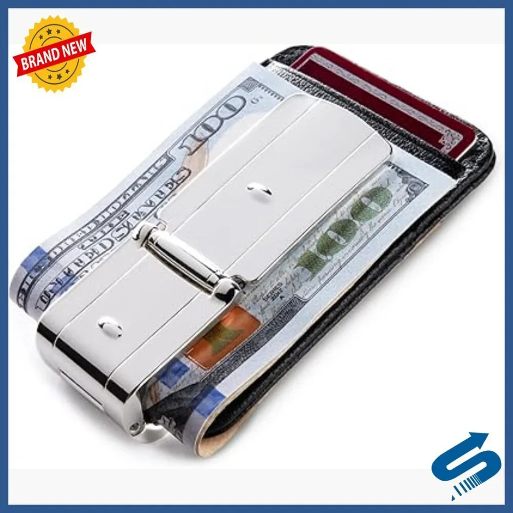 Silver Money Clip with Leather Wallet RFID Blocking Slim Design